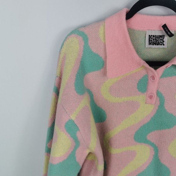RECLAIMED VINTAGE Swirl Print Pastel Jumper Oversized UK 8 10 - Picture 3 of 8